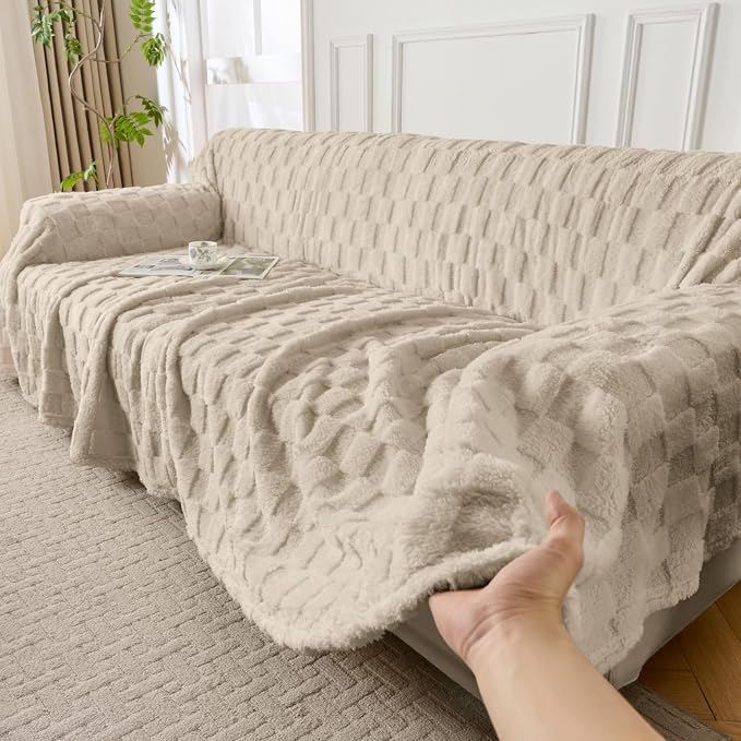 Fuzzy Brown Couch Cover for Sectional Sofa, Sofa Slipcover for 2 Cushion Couch - Image 4