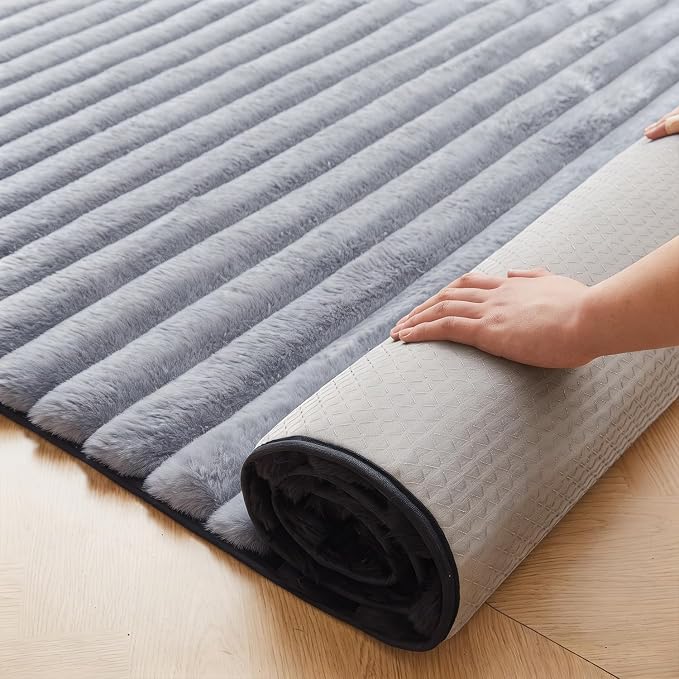 Blue Grey Rabbit Striped Plush Rug 3'x5', Fluffy Shaggy Area Rug - Image 5