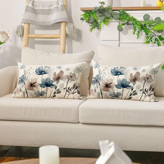 AVOIN colorlife Poppy Flowers Blue Brown Pillow Covers 12x20 Inch Set of 2 | - Image 5