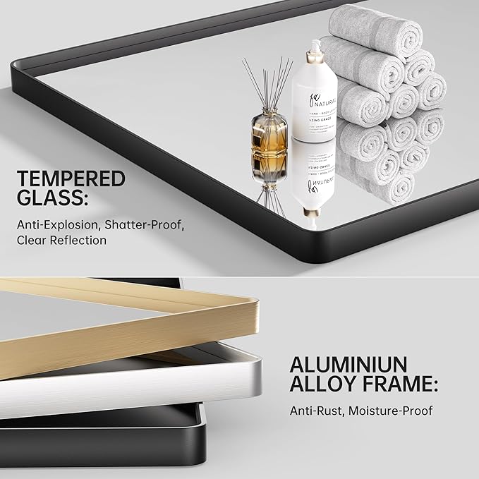 Hasipu Black Bathroom Mirror for Wall, 72 x 36 Inch Metal Framed Bathroom Mirrors for Over Sink, Rectangle Bathroom Vanity Mirror, Anti-Rust, Tempered Glass, Horizontal or Vertical