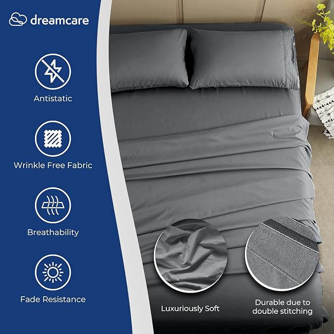 DREAMCARE Queen Sheet Set – 4 pcs Cooling Sheets – up to 21” Extra Deep Pocket Queen Sheets – Hotel Luxury Sheets & Pillowcases – Superior Softness 100% Fine Microfiber with Side Pocket – Dark Gray