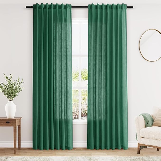 Dark Green Linen Curtains 84 Inch Length 2 Panels Set by Nanspring