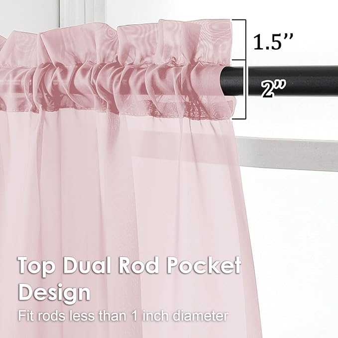 Blush Pink Sheer Curtains 36 inch Length 2 Panels Set, Light Filtering Voile - Image 2