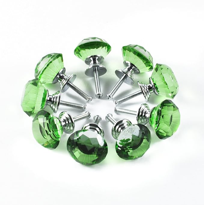 12pcs Diamond Shape Crystal Glass 30mm Drawer Knob Pull Handle Usd for Cabinet, Drawer (Green)