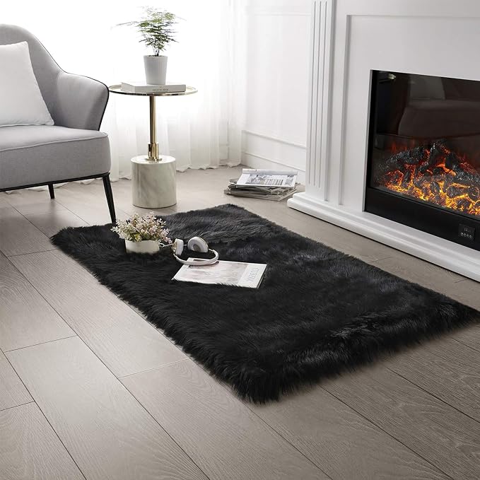 SERISSA 2x4 Fluffy Black Faux Sheepskin Shaggy Rug by SERISSAHomeDecorCollection