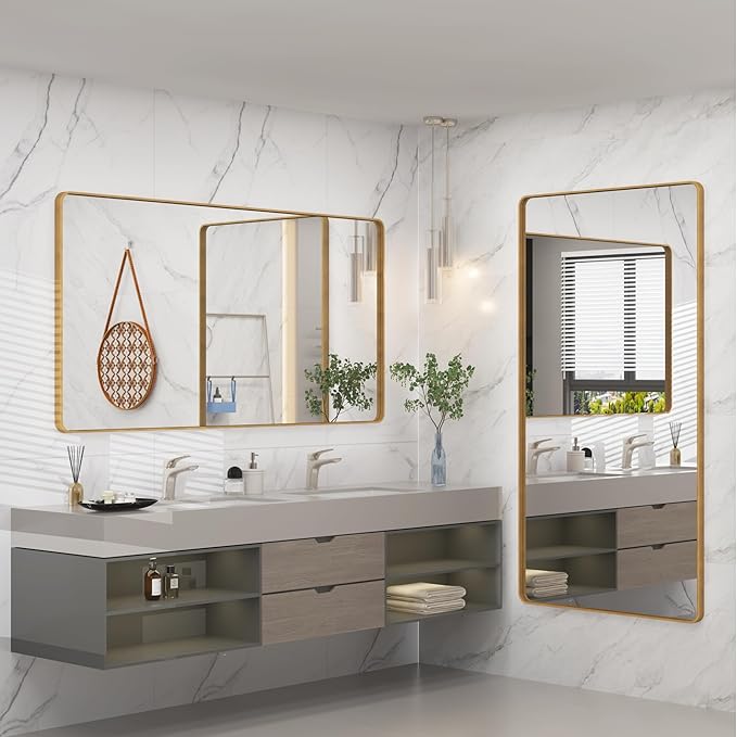 60x30 Inch Gold Bathroom Mirror for Wall, Brushed Metal Gold Framed Mirror, Large Rectangle Brass Vanity Mirror for Bathroom, Shatterproof, Anti-Rust (Horizontal/Vertical)