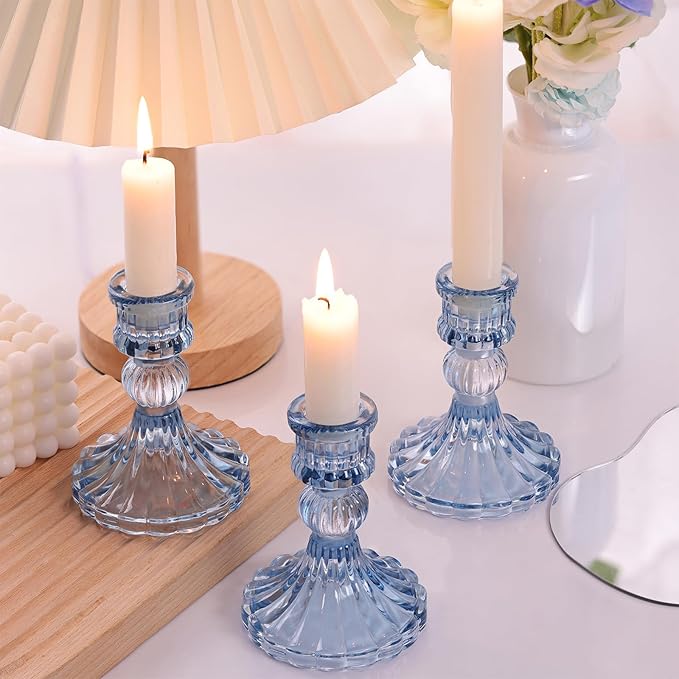 DARJEN 12PCS Blue Candlestick Holders Set- 4" H Taper Candle Holders, Glass Candle Holders Bulk for Wedding, Party, Home Table Centerpieces, Festival Gifts & Windowsill Decor