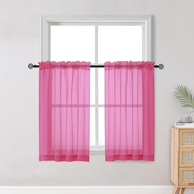 Short Hot Pink Sheer Curtains 36 Inch Length 2 Panels Set, Kitchen Tiers by OWENIE