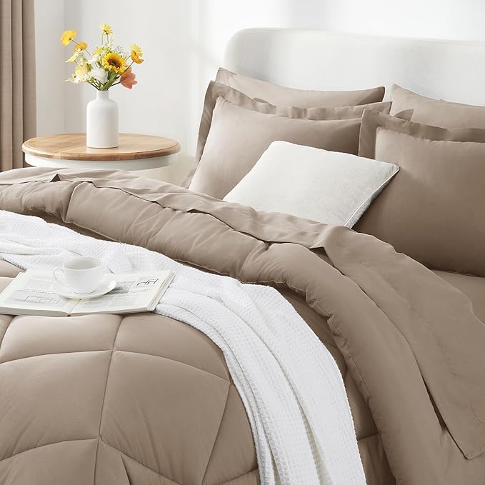 CozyLux Full Size Comforter Sets Khaki - 7 Pieces Bed in a Bag Full, Luxury Soft Bed Set for All Seasons, Bedding Set with Down Alternative Comforter, Sheets, Pillowcases & Shams