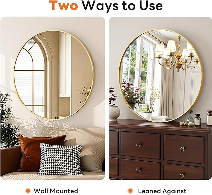 Sweetcrispy Round Bathroom Mirror 20 Inch Gold Metal Framed Wall Mounted Circle Vanity Mirror for Bathroom, Bedroom, Living Room, Entryway, Anti-Rust, Modern Decorative, Hanging or Leaning