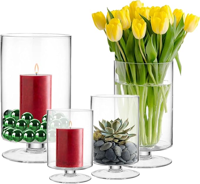 CYS EXCEL Glass Hurricane Pillar Candle Holder (H:6" W:3.75") | Multiple Size Choices Short Stem Candle Centerpieces | Stemmed Glass Cylinder Candle Vase