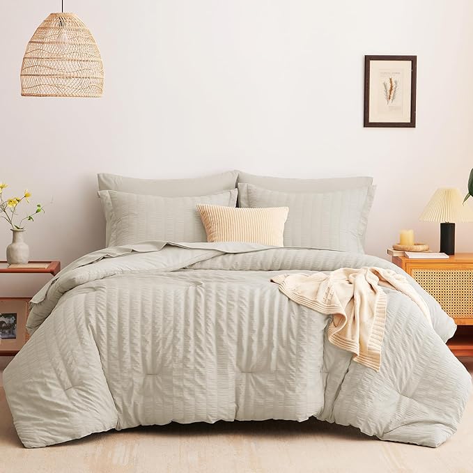 CozyLux Full Size Comforter Sets with Sheets Seersucker 7 Pieces Oatmeal Bed in a Bag Textured Luxury Soft Bedding Set with Down Alternative Comforter, Sheets, Pillowcases & Shams for All Seasons