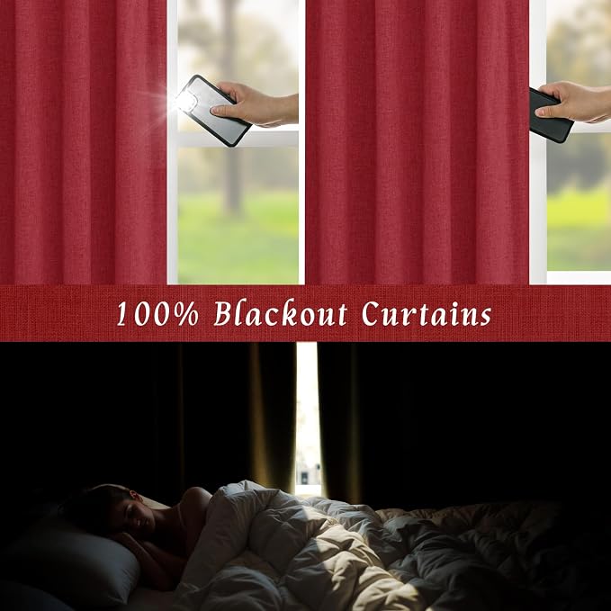Red 100% Blackout Linen Window Curtains - Image 3