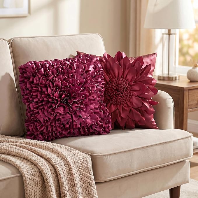 Burgundy Accent 3D Flower Decorative Throw Pillow Covers - Image 8