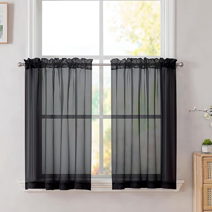 Simplebrand Black Sheer Kitchen Cafe Curtains by Simplebrand