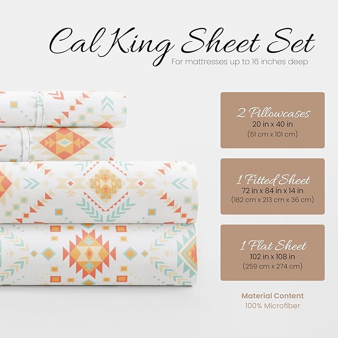 Linen Market Double-Brushed Patterned Microfiber California King Sheet Set 4 Piece – Oeko-TEX Certified Ultra Soft & Wrinkle-Free - 16" Deep Pocket Sheets Easy Care Cal-King Size - Aztec Dreams Coral