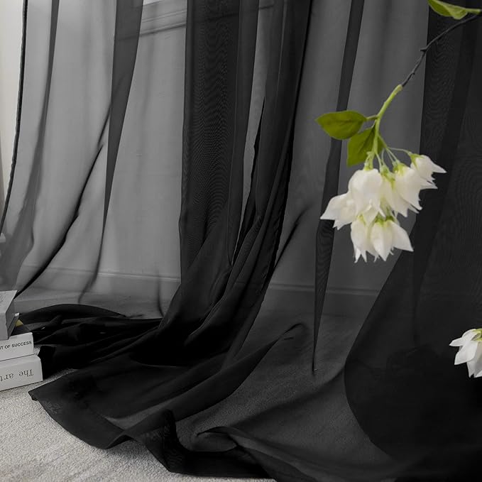 HUTO Black Sheer Curtains 84 Inches Long for Living Room Rod Pocket Voile Window Drapes for Bedroom,2 Panels