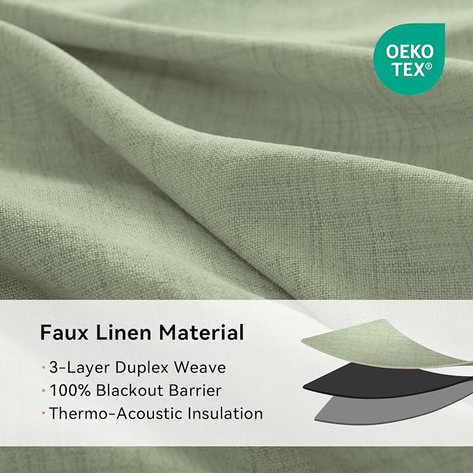 100% Blackout Linen Textured Curtains 63 Inch Long, Sage Green | 100% Blackout - Image 5