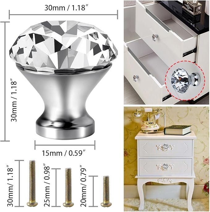 30mm Kitchen Cabinet Knobs Drawer Pull Handle Hardware, Crystal Clear Glass Round Diamond Shape Dresser Closet Bi-fold Door Bathroom Cupboard Desk Nightstand Bookcase Furniture Drawer Knob Set （8PCS）