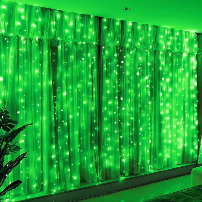 HXWEIYE 300LED Fairy Curtain Lights, 9.8x9.8Ft USB Plug-in 8 Modes Christmas String Hanging Lights with Remote for Bedroom Backdrop Wedding Party Indoor Wall Decor, Green, Standard