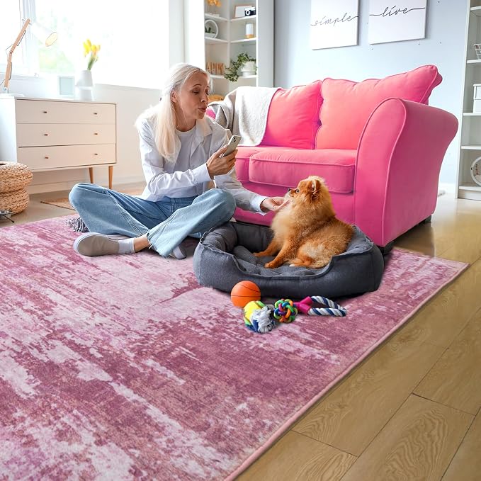 Entryway Rug 3x5 Pink Bedroom Area Rug Washable Non Slip Abstract Boho Rugs by OmpaaHomeDecor