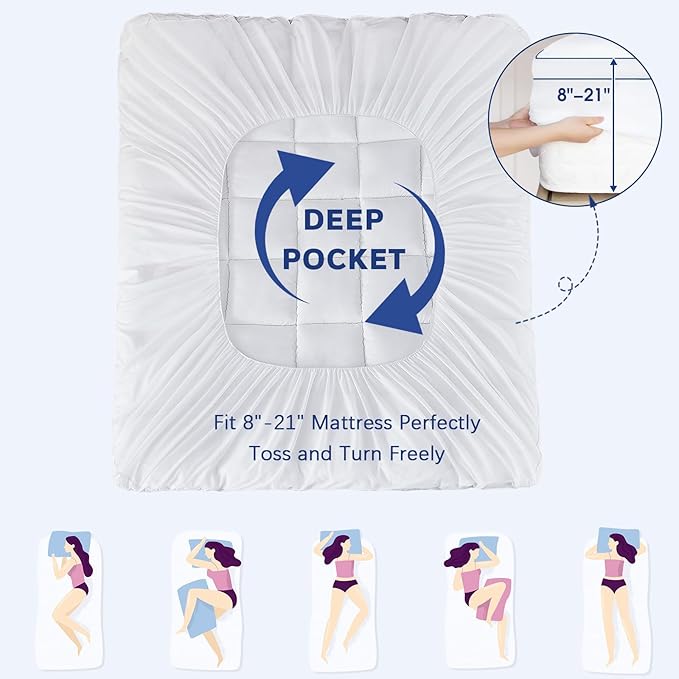 CYMULA Twin Mattress Topper Waterproof, Cooling Mattress Pad Cover, Extra Thick Pillow Top Mattress Topper with 8-21 Inch Elasticated Deep Pockets, Plush Down Alternative Fill Mattress Protector