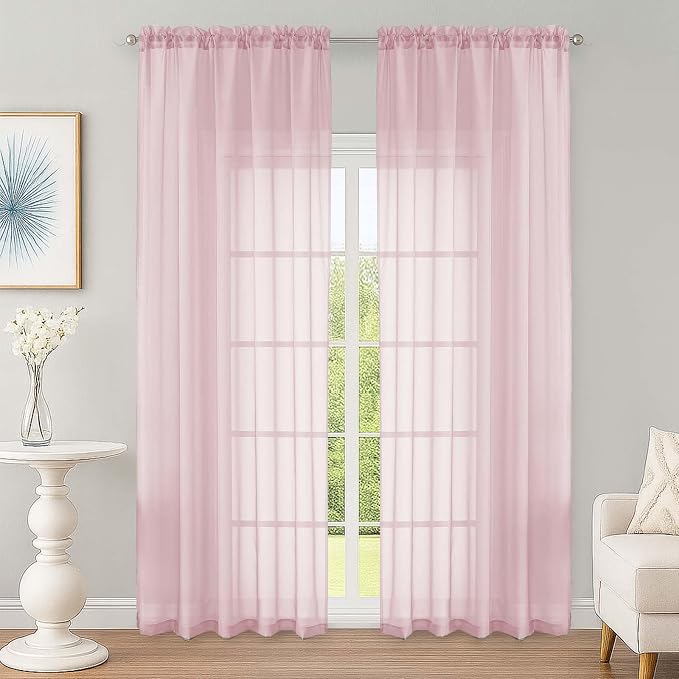 Blush Sheer Curtain 90 Inches Long 2 Panels Set, Solid Filmy Drapes by OWENIE