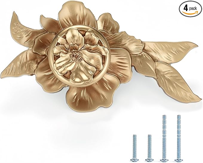 Flower Cabinet Pulls Handle Knob Drawer for Kitchen Dresser Wardrobe Bathroom and Cupboard 2 1/2 Hole to Hole Hardware Knob Easy Installation Pack of 4 Champagne Bronze with Backplate