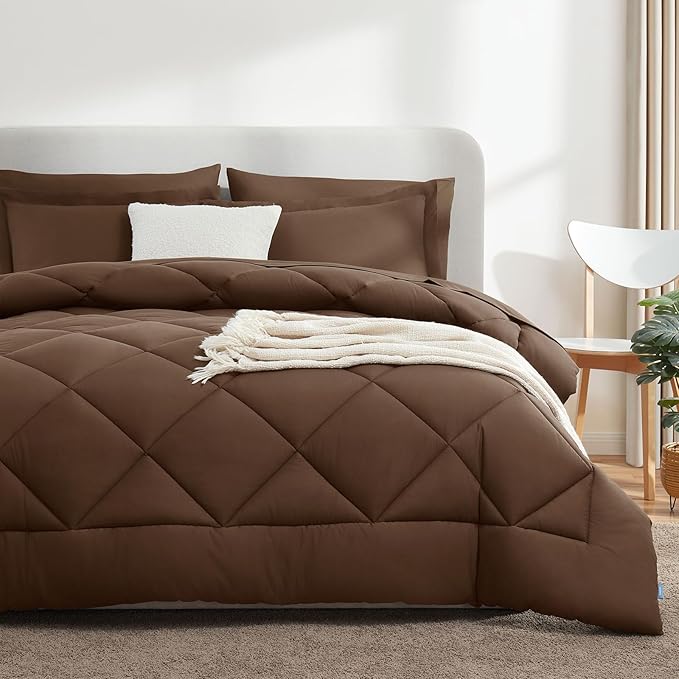 CozyLux Full Size Comforter Sets Brown - 7 Pieces Bed in a Bag Full, Luxury Soft Bed Set for All Seasons, Bedding Set with Down Alternative Comforter, Sheets, Pillowcases & Shams