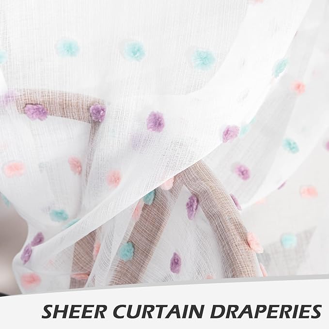 MYSKY HOME Small Curtains for Kitchen Windows Rainbow Pom Pom Curtains for Bedroom Light Filtering White Sheer Curtains for Nursery Cafe Bathroom Privacy Rod Pocket Voile 52 x 45 inch 2 Panels