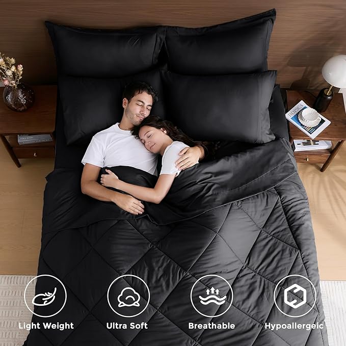 HEVUMYI Black Full Comforter Set - 7-Piece All Season Bed in a Bag Full, Ultra Soft Bedding Set with Comforter, Flat Sheet, Fitted Sheet, Pillowcases, Pillow Shams, Black