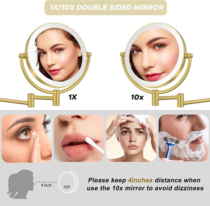 Make up Mirror Wall Mounted Lighted 10X Magnifying Hard Wired, Double Sides 3 Color Lighting Touch Dimming 360 Swivel Extended Arm Shaving Mirror for Bathroom, Brushed Gold