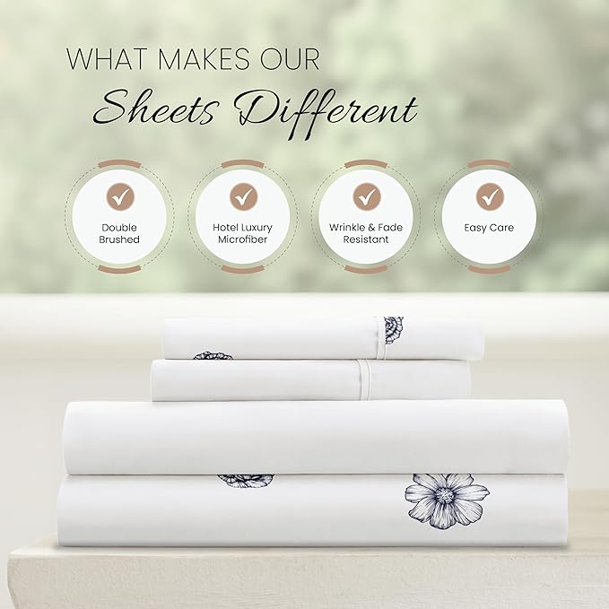 Linen Market Double-Brushed Patterned Microfiber Full Sheet Set 4 Piece – Oeko-TEX Certified Ultra Soft & Wrinkle-Free - 16" Deep Pocket Sheets - Easy Care Full Size - Indigo Flowers Navy