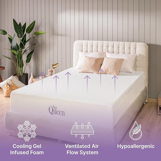 NapQueen Queen Mattress, 8 Inch Elizabeth Cooling Gel Memory Foam Mattress, Queen Bed Mattress in a Box, CertiPUR-US Certified, Medium Firm, Breathable Soft Fabric Cover