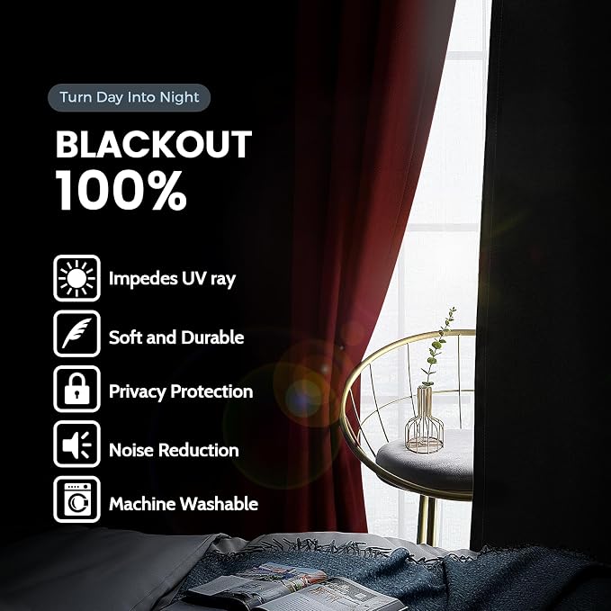SimpleHome Burgundy Red 100% Blackout Curtains Room Darken Living Room 96 | - Image 3