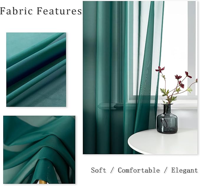 DUALIFE Hunter Green Sheer Curtains 54 Inch Length,Look Semi Sheer Curtain Drapes for Living Room Bedroom Loft Kitchen Bathroom Privacy Voile Window Treatment Panels,52 x 45 Inches,Set of 2