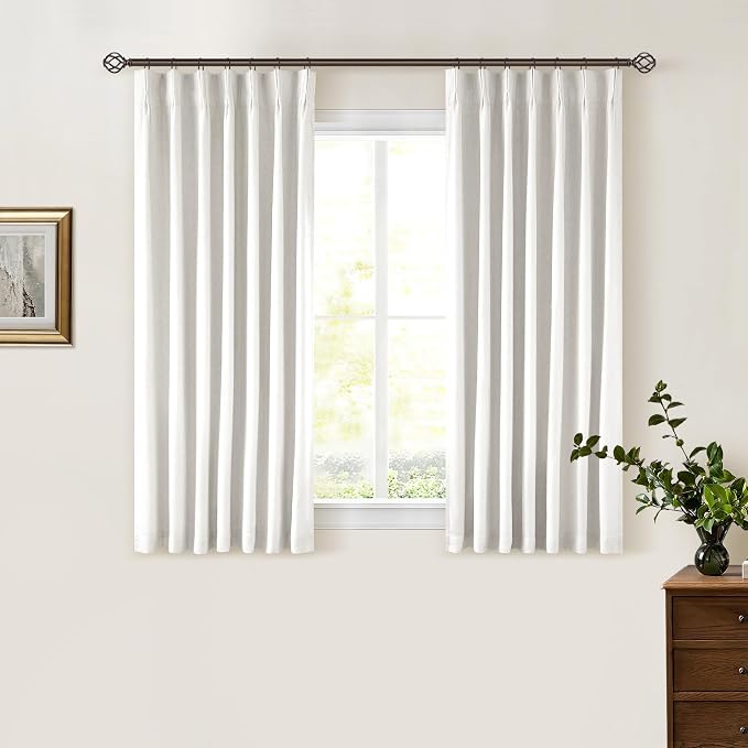 Beige White Pinch Pleat 100% Blackout Linen Curtains 2 Layers 45 Inch Long | by Twodrapes