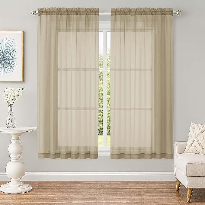 Sheer Taupe Curtains, Sheer Curtains 63 inch Length 2 Panels Set, Rod Pocket by OWENIE