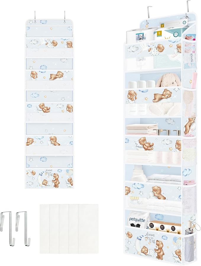 Clastyle Animals Over The Door Organizer Star Nursery Hanging Storage Organizer for Kids Clothes Diaper Toy Closet Door Hanging Shelf Storage for Bedroom Bathroom Pantry, Bear, 5-Tier