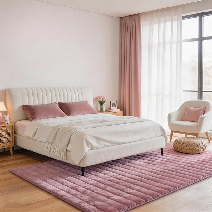 Dusty Rose Rabbit Striped Plush Rug 4'x6', Fluffy Faux Fur Shaggy Area Rug - Image 2