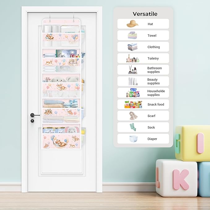 Clastyle Animals Over The Door Organizer Star Nursery Hanging Storage Organizer for Kids Clothes Diaper Toy Closet Door Hanging Shelf Storage for Bedroom Bathroom Pantry, Balloon, 5-Tier