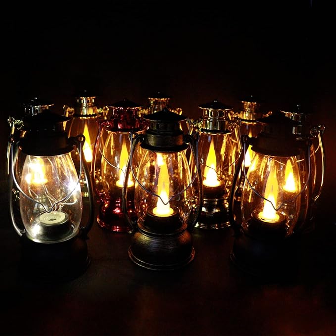(12 Pcs-5.1in) Mini Lanterns for Vintage Western Christmas Decor, Lightweight Bronze Small LED Lanterns Decorative Indoor & Outdoor Hanging Ornaments for Weddings Party Halloween Decorations