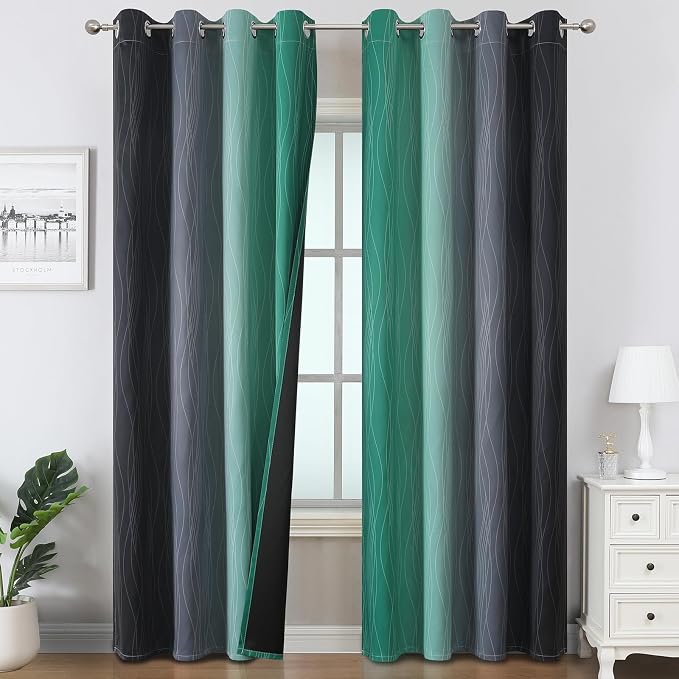 Black and Green Ombre Blackout Curtains 84 Inches Long | Gradient Curtains by ESTELARTEXTILER