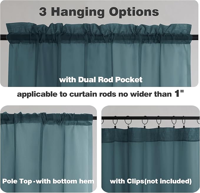 Chyhomenyc Sheer Curtains 63 Inch Length 2 Panels, Stone Blue | Light Filtering - Image 2