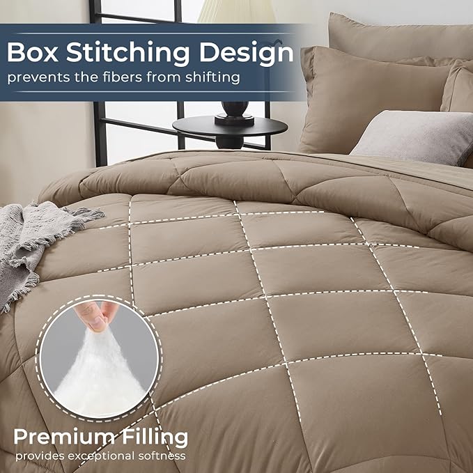 HEVUMYI Khaki & Linen Twin-XL Comforter Set - 5-Piece All Season Bed in a Bag Twin-XL, Ultra Soft Bedding Set with Comforter, Flat Sheet, Fitted Sheet, Pillowcases, Pillow Shams