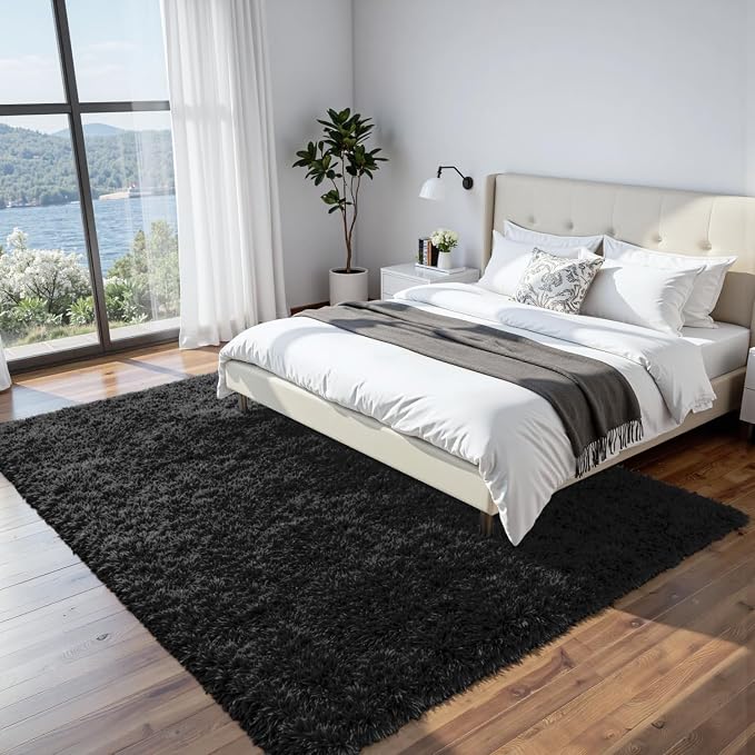 9x12 Fluffy Shag Area Rugs for Living Room Bedroom: Soft Plush Carpet Black | - Image 3