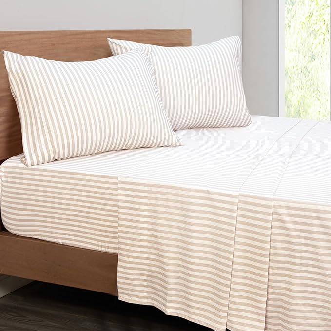 Mejoroom Striped King Size Sheet Set - Soft Microfiber Bed Sheets,Deep Pocket Fitted Sheet, Soft, Breathable, Wrinkle & Fade Resistant - 4 Piece (Beige Stripe)