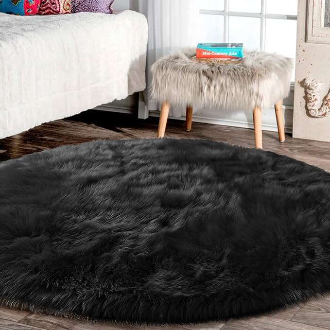 Latepis Black Round Area Rug 8ft Large Circle Fuzzy Shag Rug Washable Sheepskin by Latepis