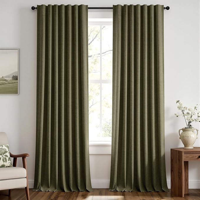 MIULEE 100% Blackout Linen Curtains 42 x 96 Inch Light Olive Green 2 Panels | by MIULEE