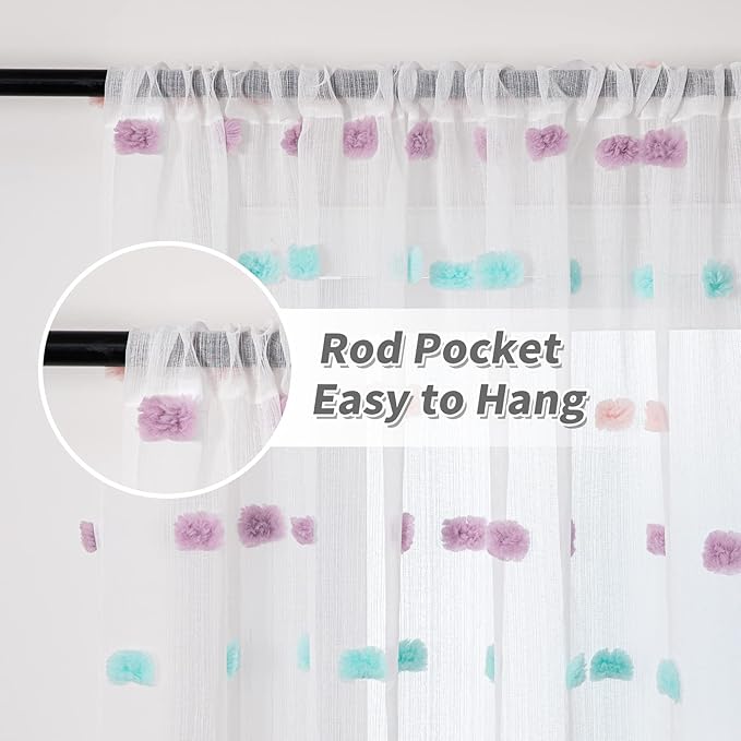 MYSKY HOME Living Room Curtains for Window Rainbow Pom Pom Curtains 120 Inch Length Long for Bedroom Set of 2 Semi White Sheer Curtains Parties Farmhouse Rod Pocket Boho Backdrops 37" x 120"